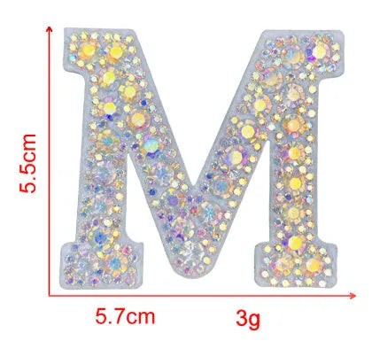AB colour rhinestone letter emblem badge patch cloth sticker self-adhesive on white background