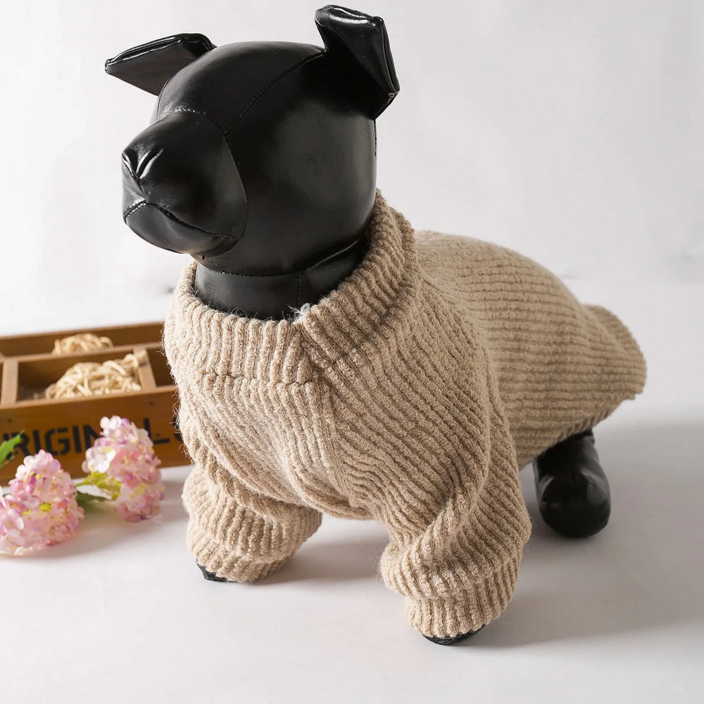 Brown knitted cloth pullover sweater on a small dog, showing casual style.