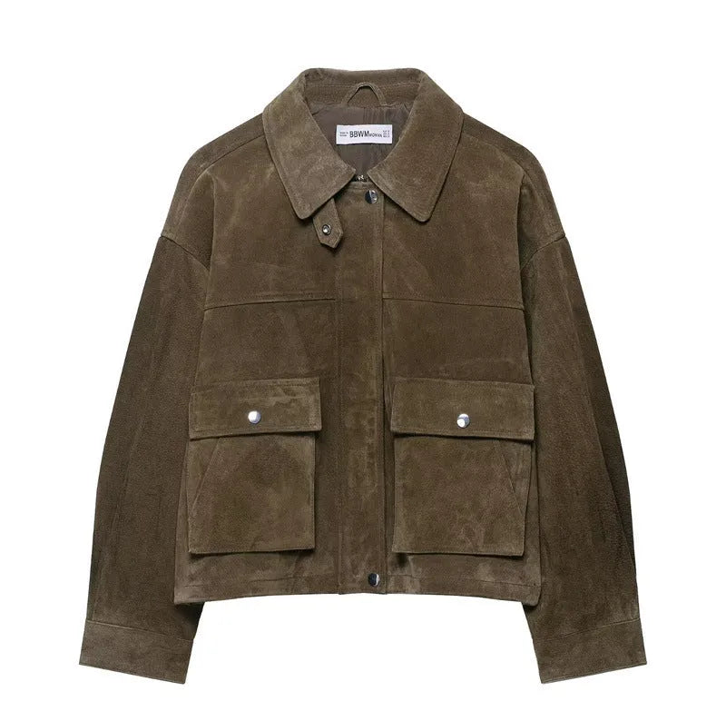Women's regular fit casual jacket in PU fabric with Japanese Korean style