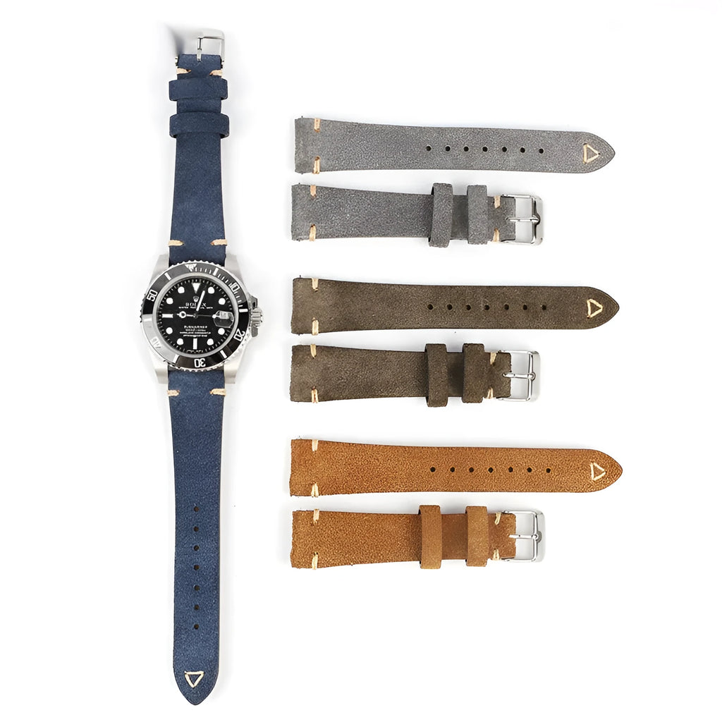Genuine suede leather watch strap in brown, shown in 20mm width with exotic ethnic styling.