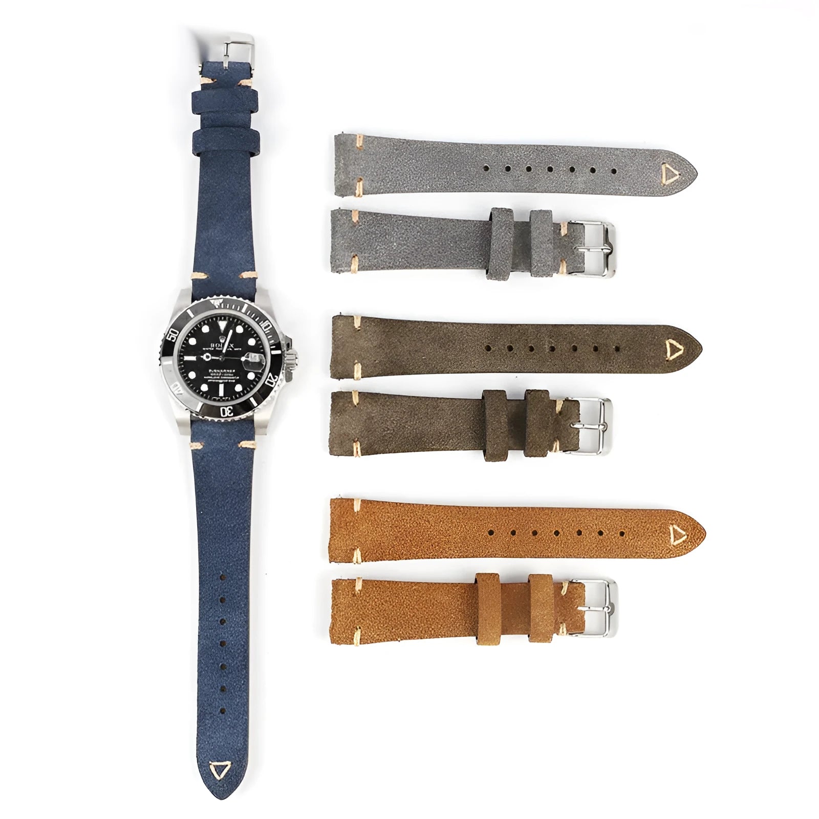Genuine suede leather watch strap in brown, shown in 20mm width with exotic ethnic styling.