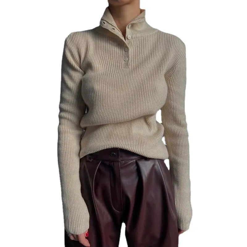 Women's retro half turtleneck pullover sweater with single-breasted placket in cotton-spandex blend fabric
