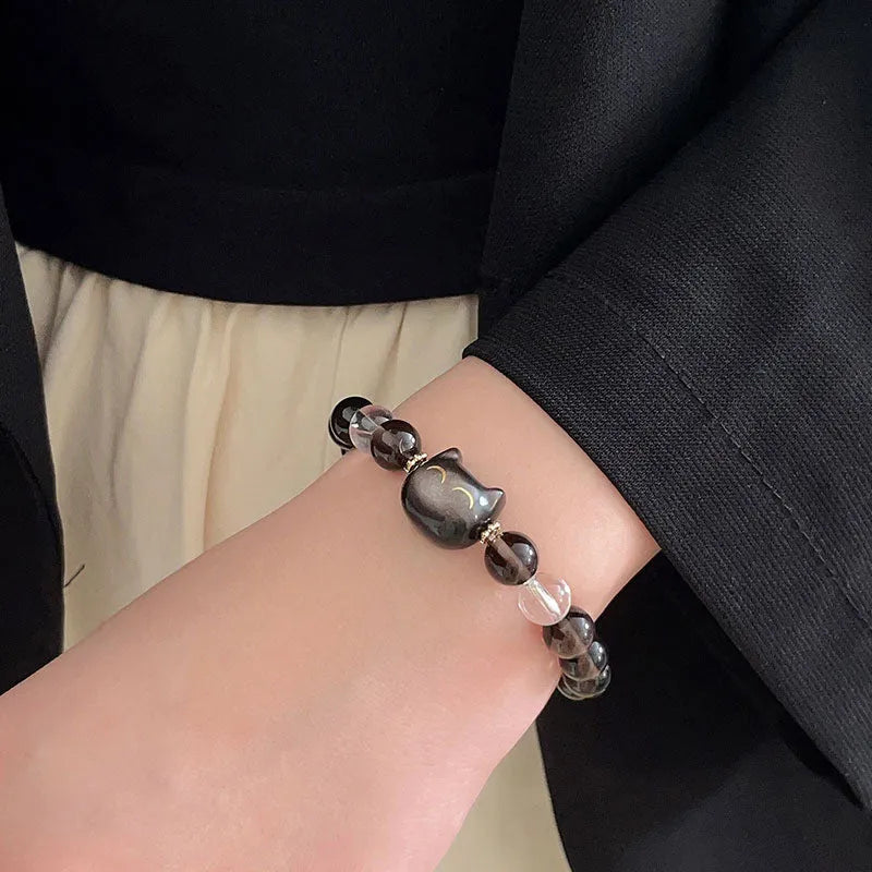 Silver opal cat head bracelet with 8mm ice stone bead on adjustable leather cord