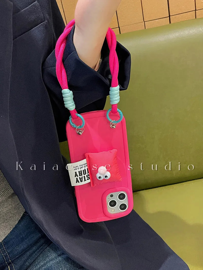 Rose red TPU phone case with built-in pillow bracket and lanyard for iPhone, fall protection design