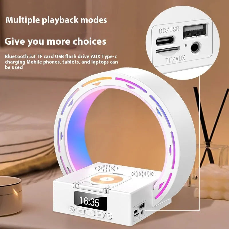 White multifunctional Bluetooth speaker bedside unit with digital clock display and wireless charging phone on top.