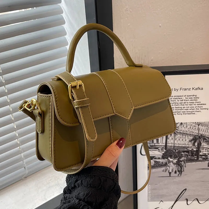 Women's beige PU leather messenger bag showing horizontal square shape and front sandwich pocket