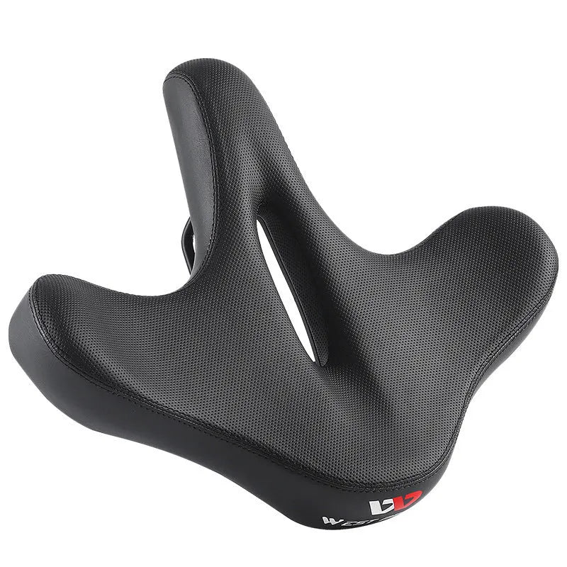 Black leather bicycle saddle cushion with thick polyurethane foam padding.
