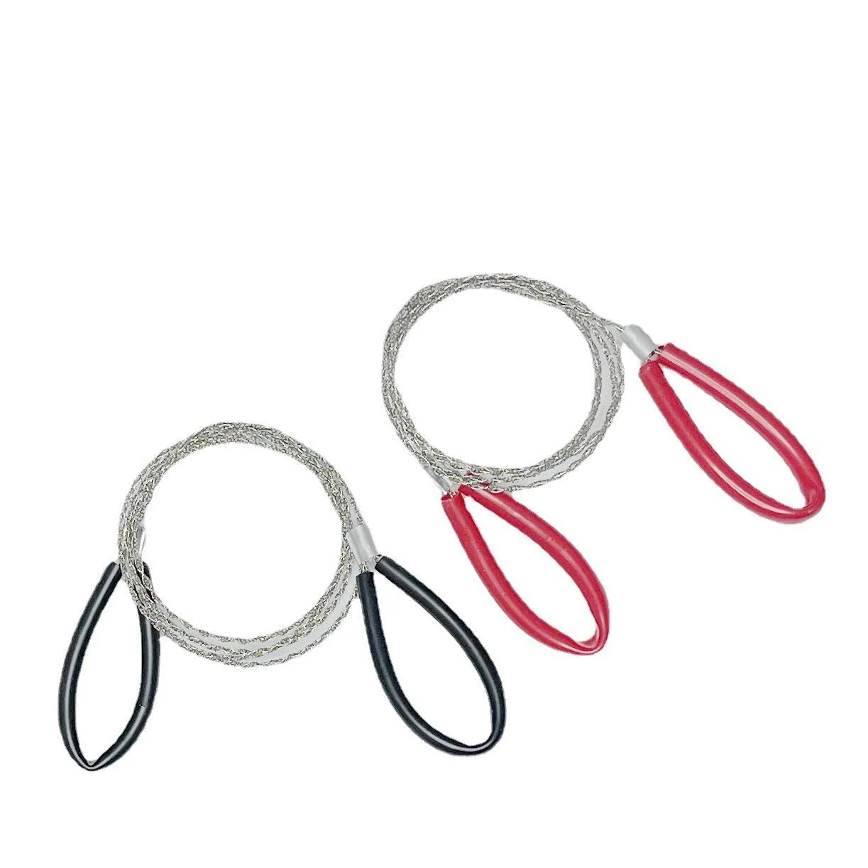 Black and red coloured outdoor survival hand saw with stainless steel cutting wire, shown at full 70 cm length.