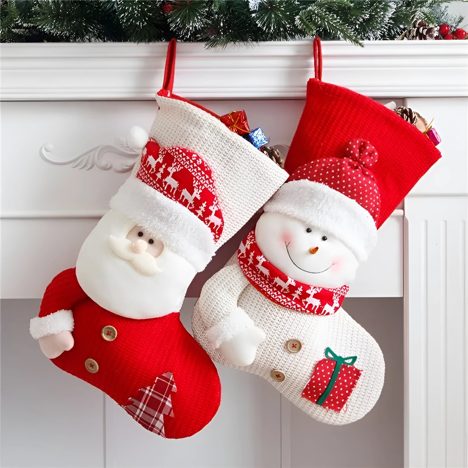 Large red white knitted Christmas stocking with Santa Claus design for fireplace decoration