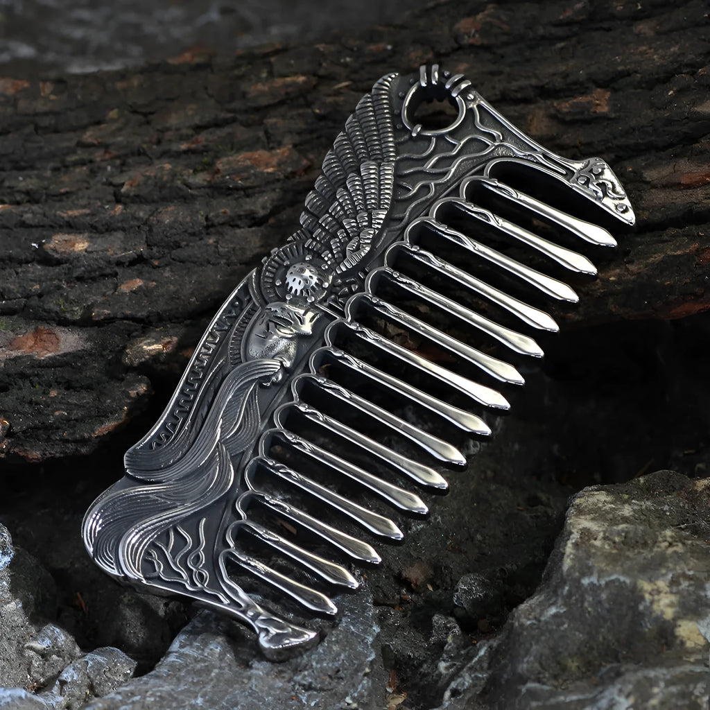 Nordic Viking stainless steel comb double-sided with Aoding crow design steel colour unisex