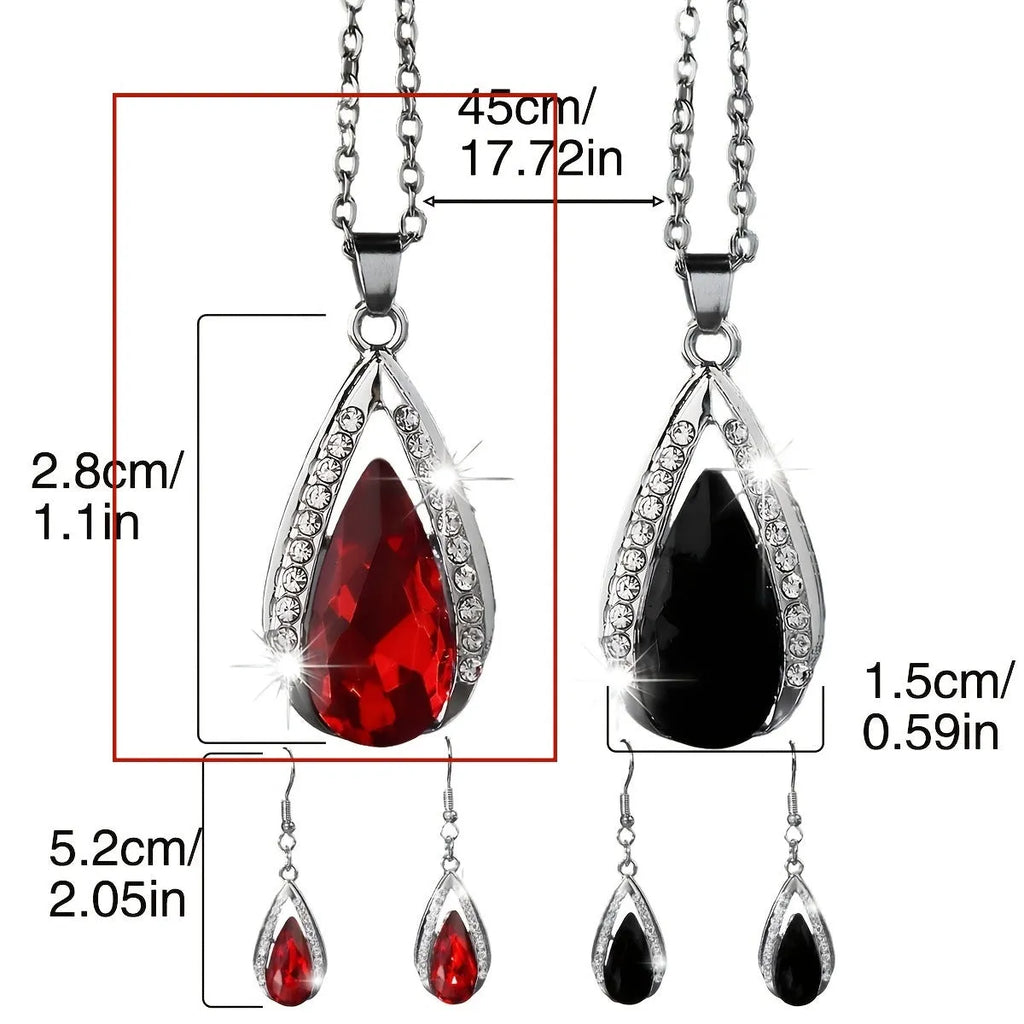 Black and red teardrop glass pendant alloy necklace and matching earrings set.