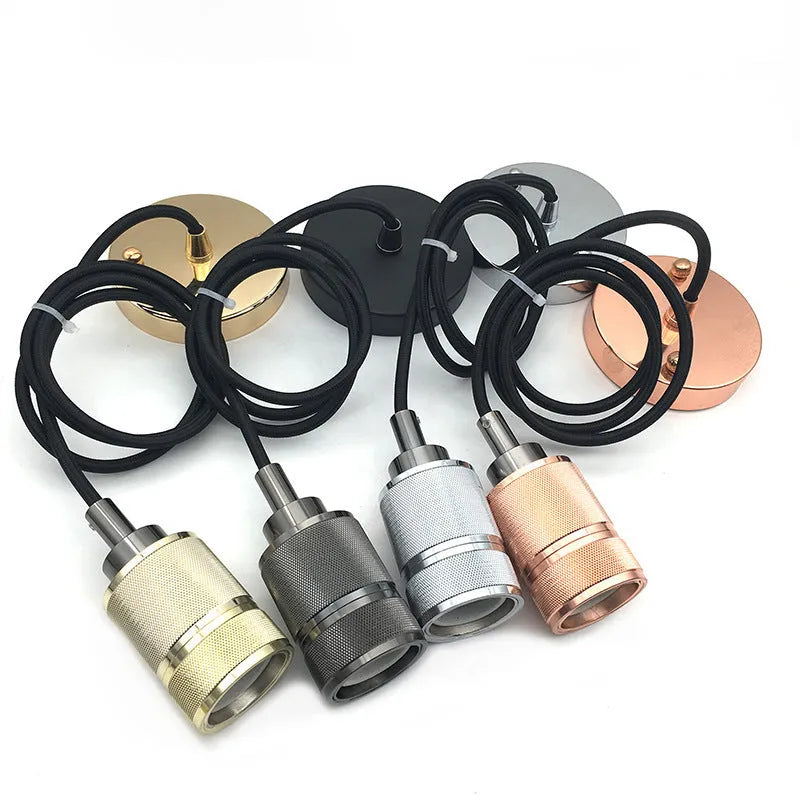 DIY retro chandelier ceiling light kit components in shiny black, rose gold, gold, and chrome finishes
