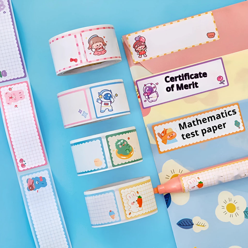 Cartoon name tape stickers in dinosaur, astronaut, rabbit, and girl designs