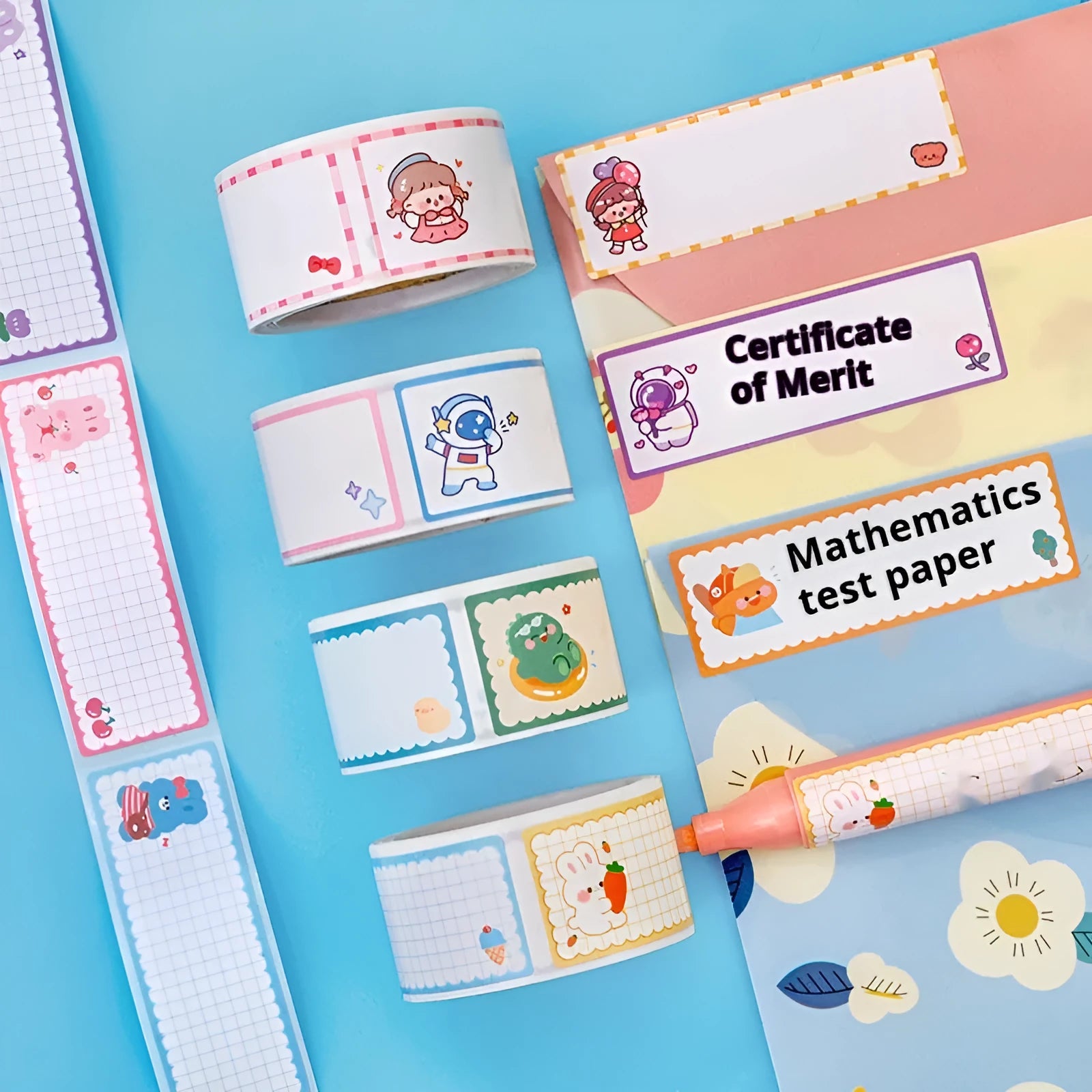 Cartoon name tape stickers in dinosaur, astronaut, rabbit, and girl designs