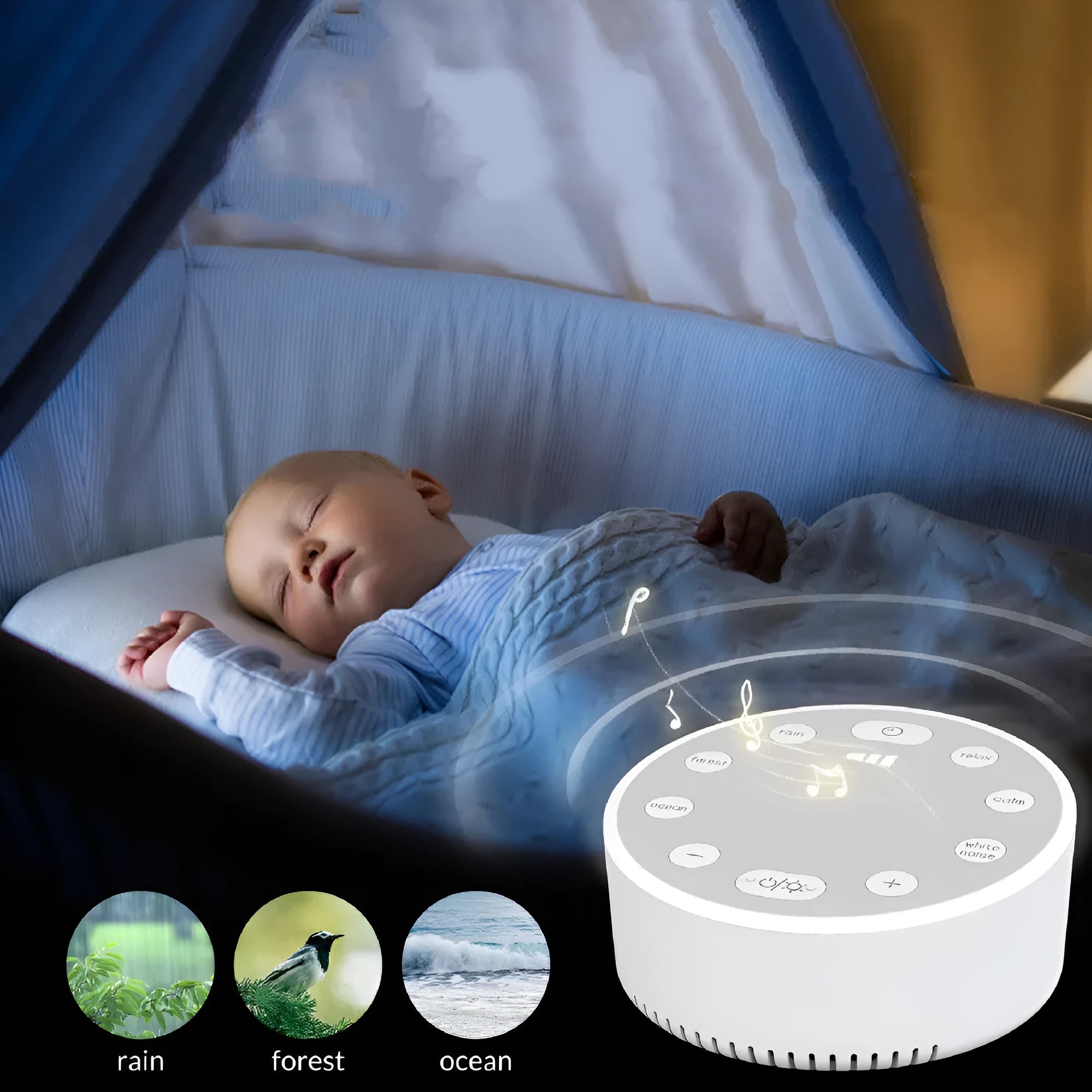 White noise sleeping aid instrument with breathing light in white colour, 80x100mm size, rechargeable sleep monitor
