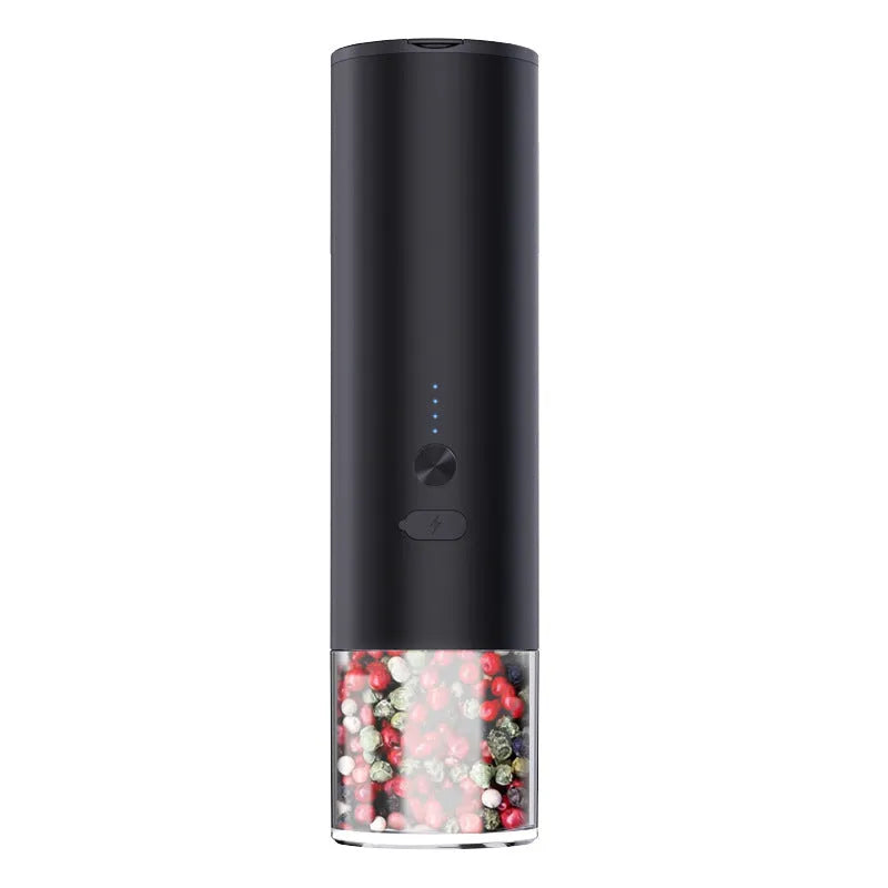 White electric pepper and salt grinder with stainless steel top and clear glass jar showing LED lights