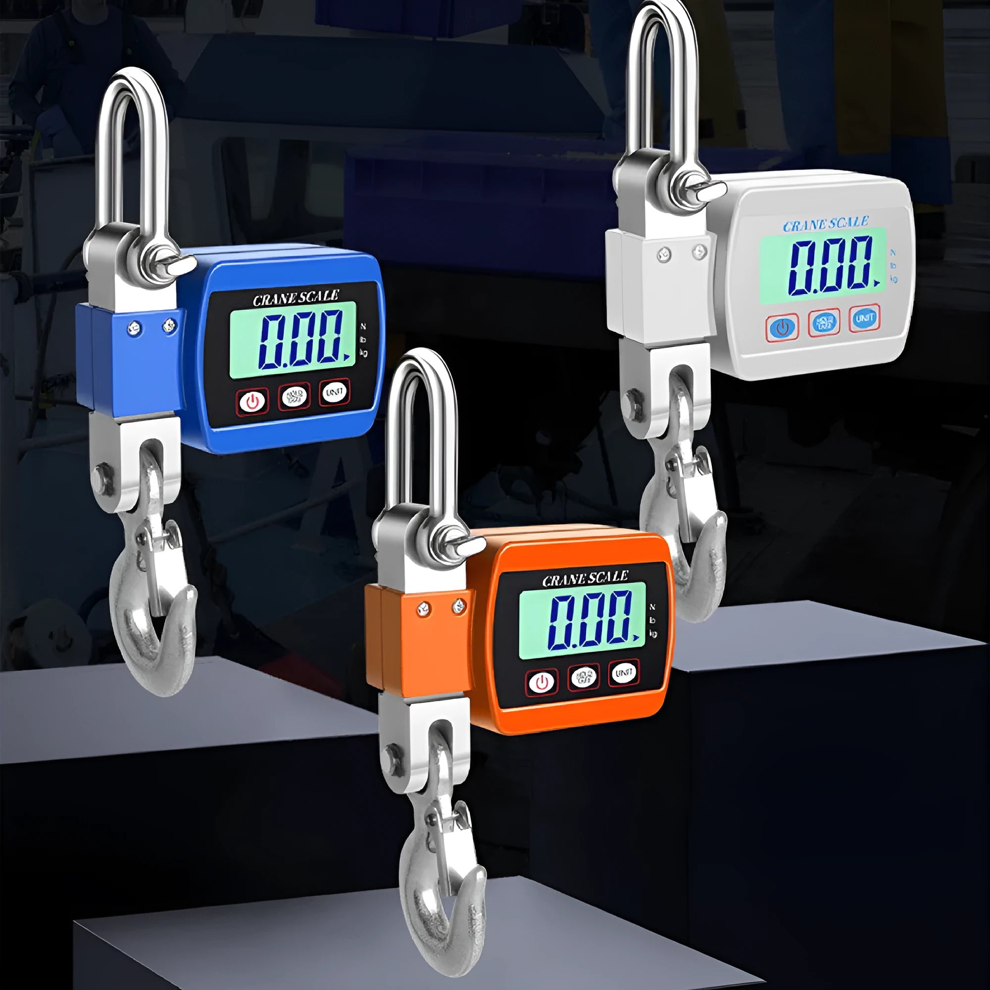 Electronic digital hook scale in blue, showing display and hook, for portable weighing up to 500kg.