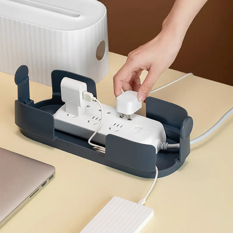 Blue HIPS power strip storage box with double-buckle lid and phone slot on a desk, 331x143x141mm