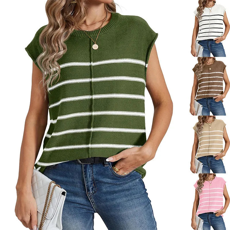 Women's striped sleeveless pullover vest with seam bone stitching in apricot colour