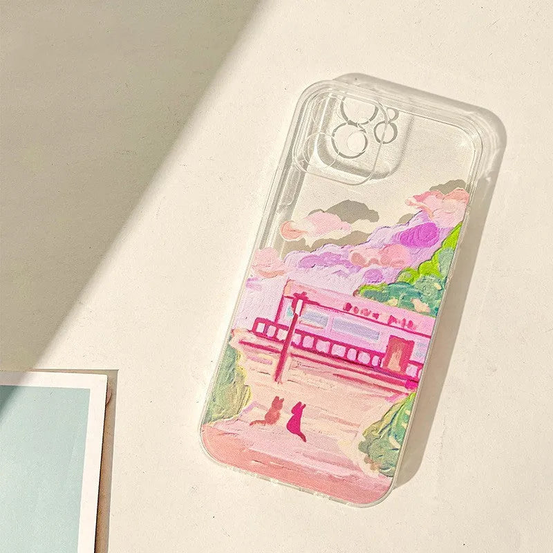 Soft silicone iPhone case with a cartoon design of two cats on the back.