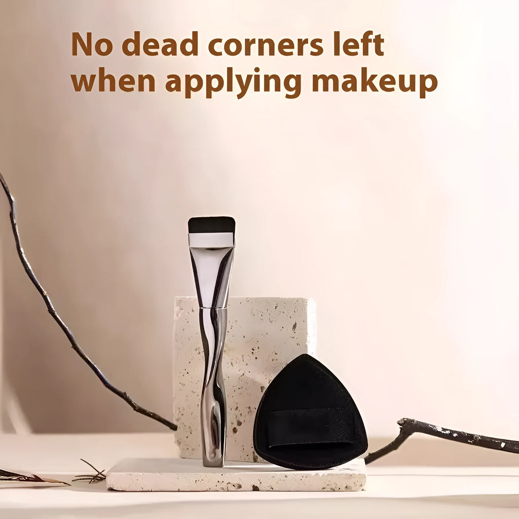 Spiral one-shaped powder foundation brush with long plastic handle on a black pineapple box