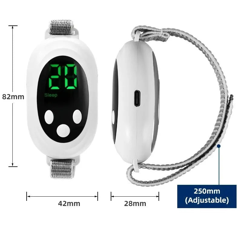 White insomnia help device with sleep bracelet, handheld remote control, and USB charging cable