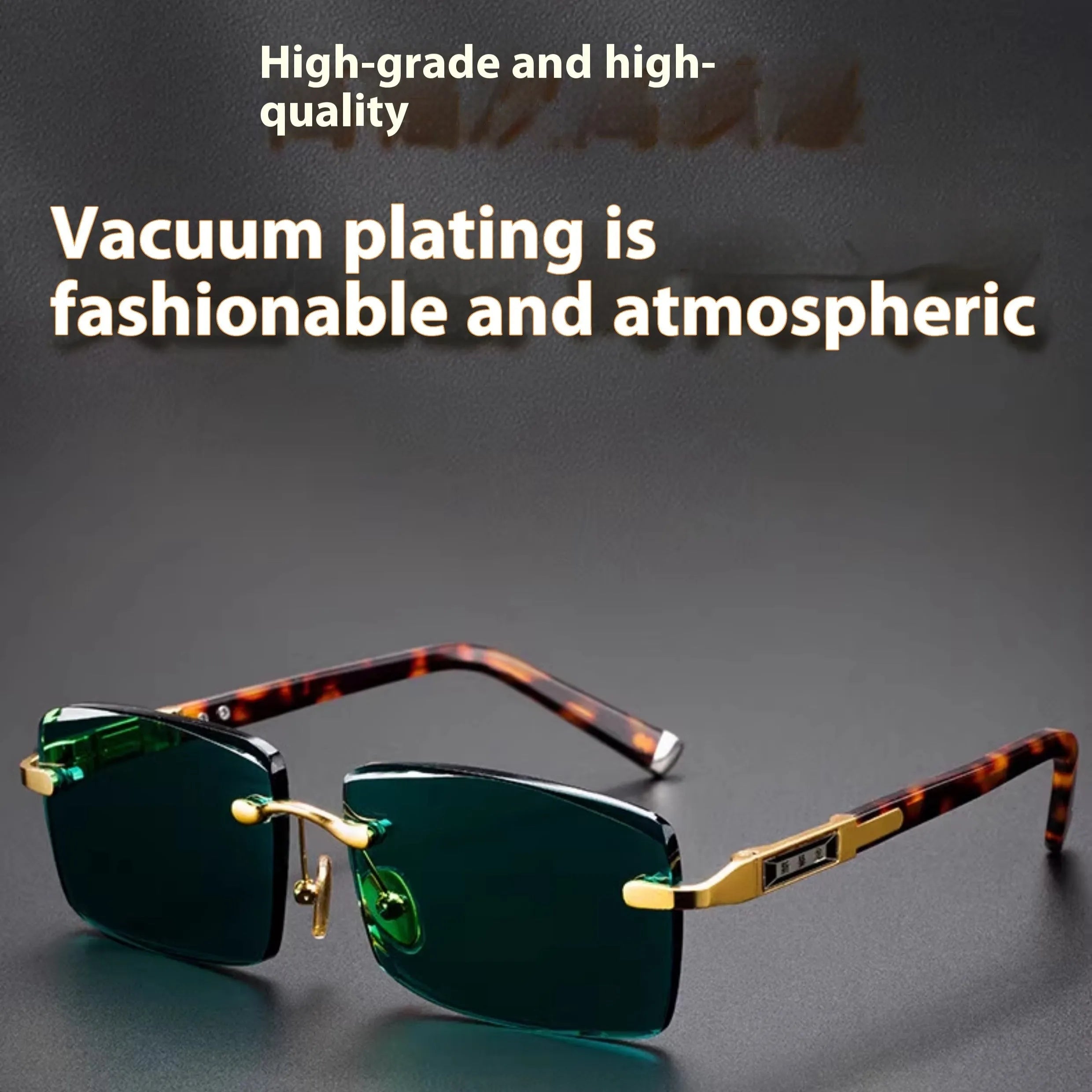Dark green frameless crystal sunglasses with a hard case and cleaning cloth on a plain background.