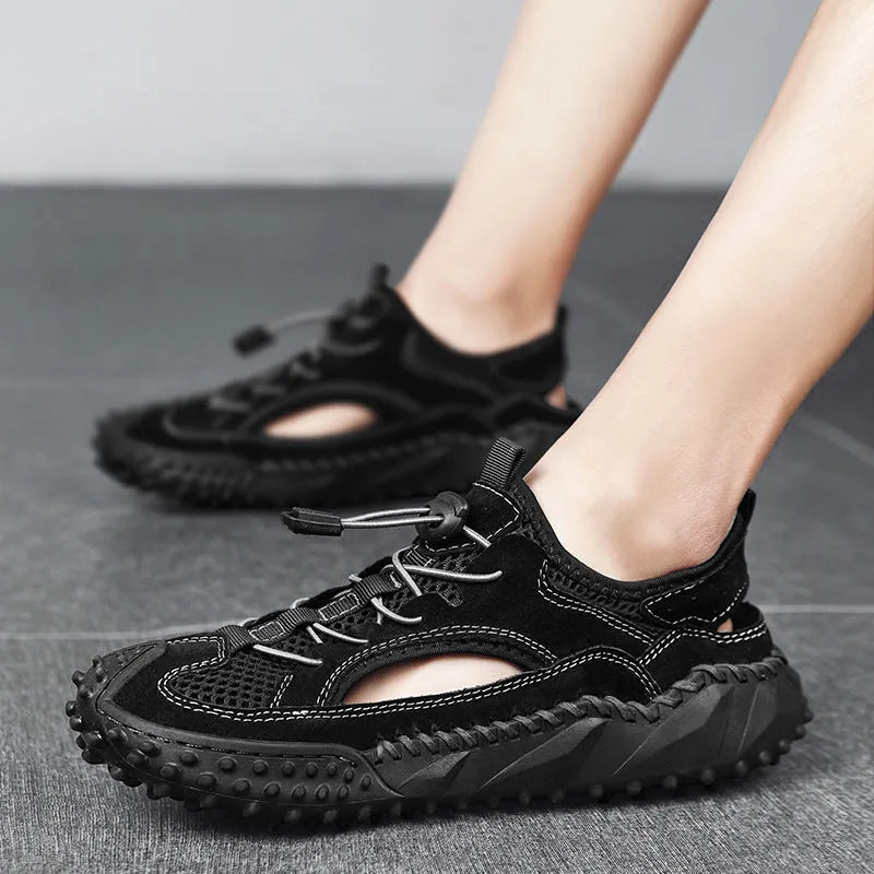Men's black waterproof sports sandals with leather mesh upper and elastic band fastening