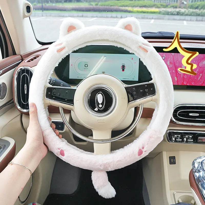 Plush winter steering wheel cover with embroidered cartoon animal, 38cm diameter.