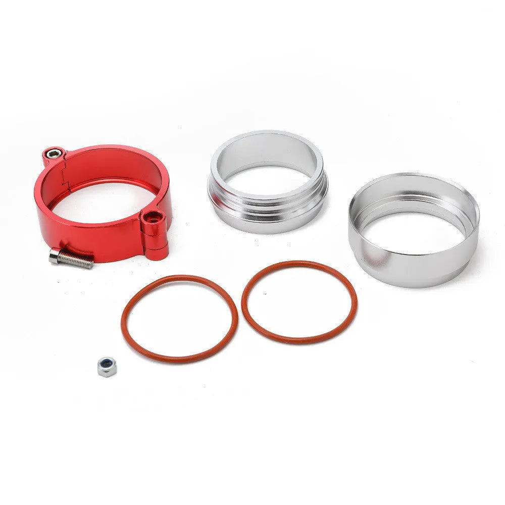 Aluminium fixed movement clamp for car exhaust modification in black, blue, or red.