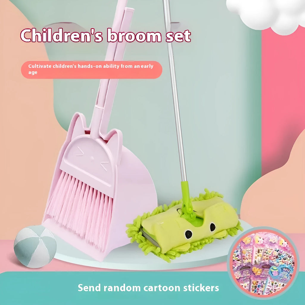 Broom and dustpan set with rotating brush holder in beige, green or purple colours