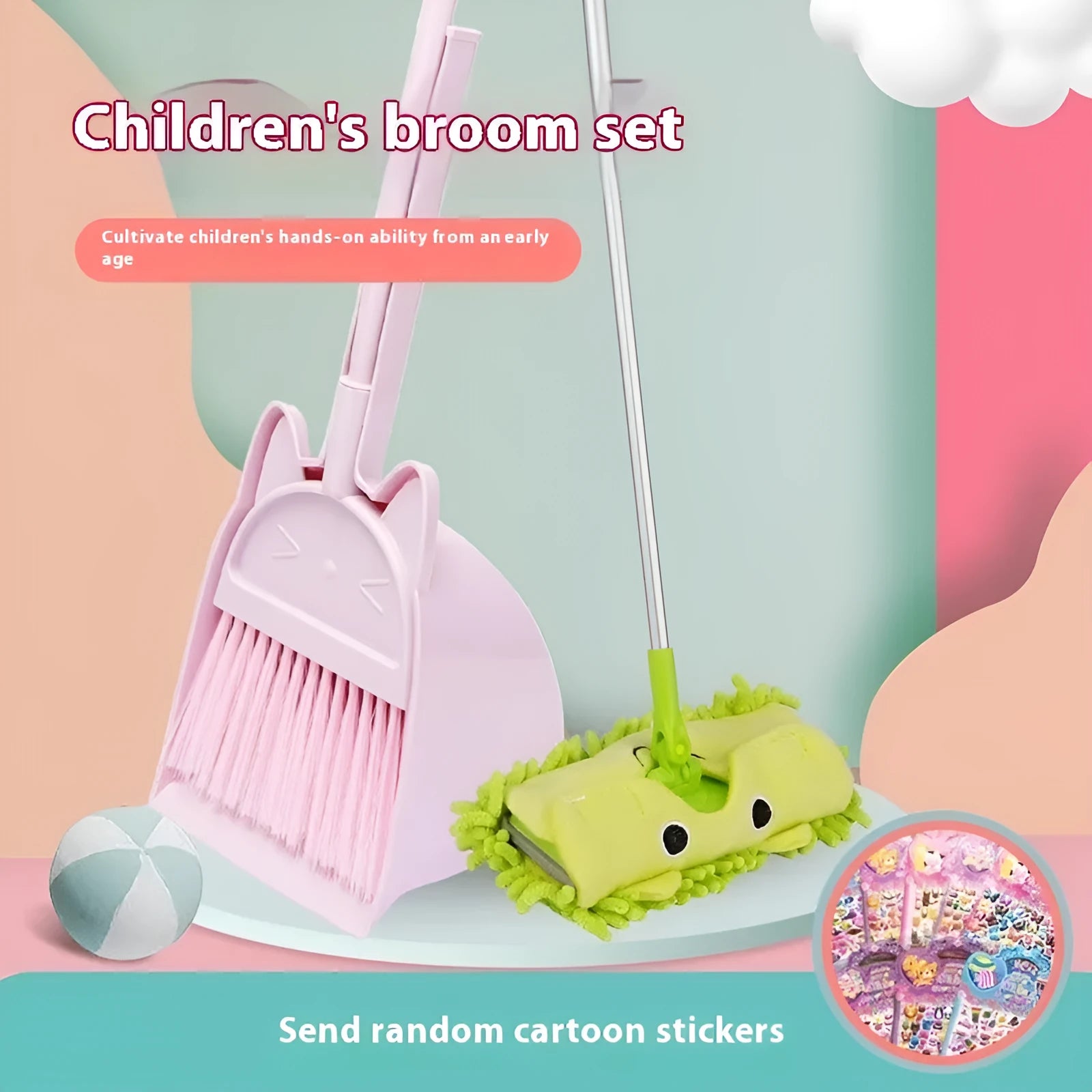 Broom and dustpan set with rotating brush holder in beige, green or purple colours