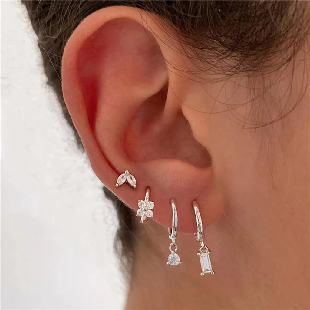 Geometric square copper earrings with zircon accents in gold or silver electroplated finish