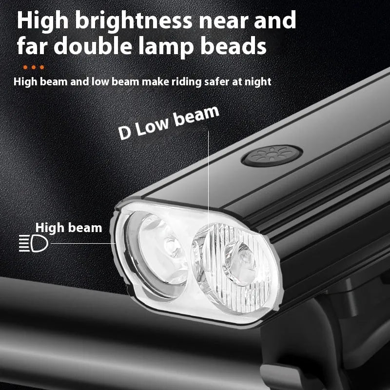 Aluminium alloy bicycle headlight with USB Type-C charging port, shown with quick-release handlebar mount.