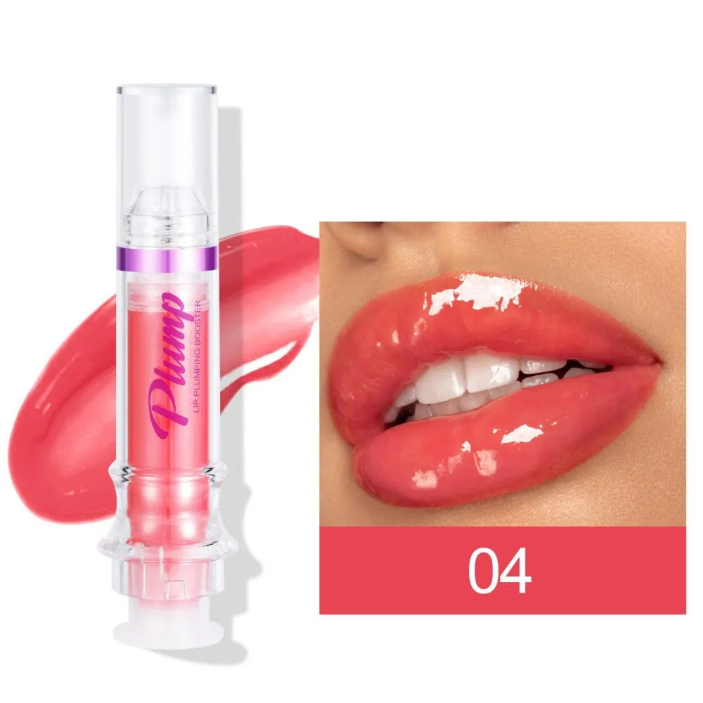 Lip gloss tube with mirror finish showing shiny application on lips