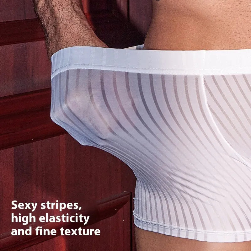 Men's black striped nylon boxer briefs laid flat, showing the elastic waistband and leg openings.