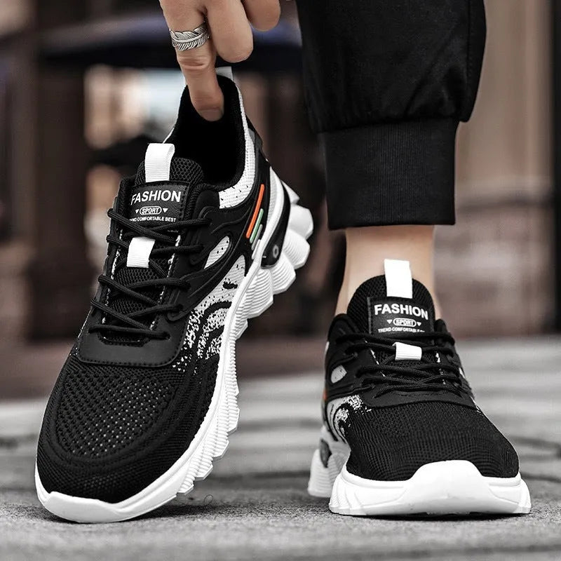 Men's platform casual sports shoes in black or white blue with mesh upper and rubber sole