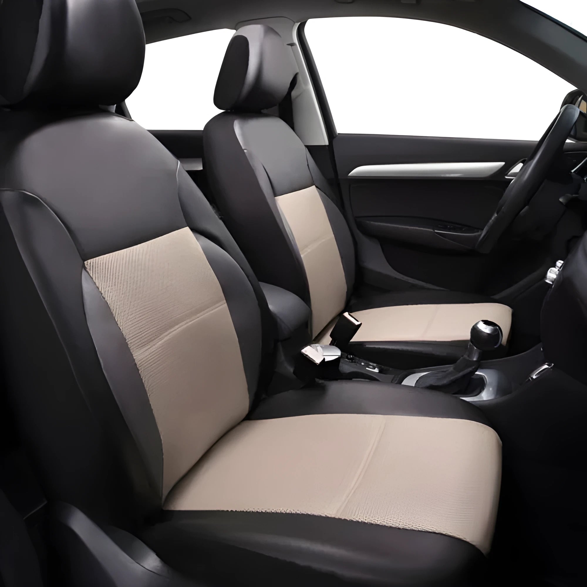 Universal artificial leather car seat covers in a 9-piece set showing front seat, headrest, and back seat pieces.