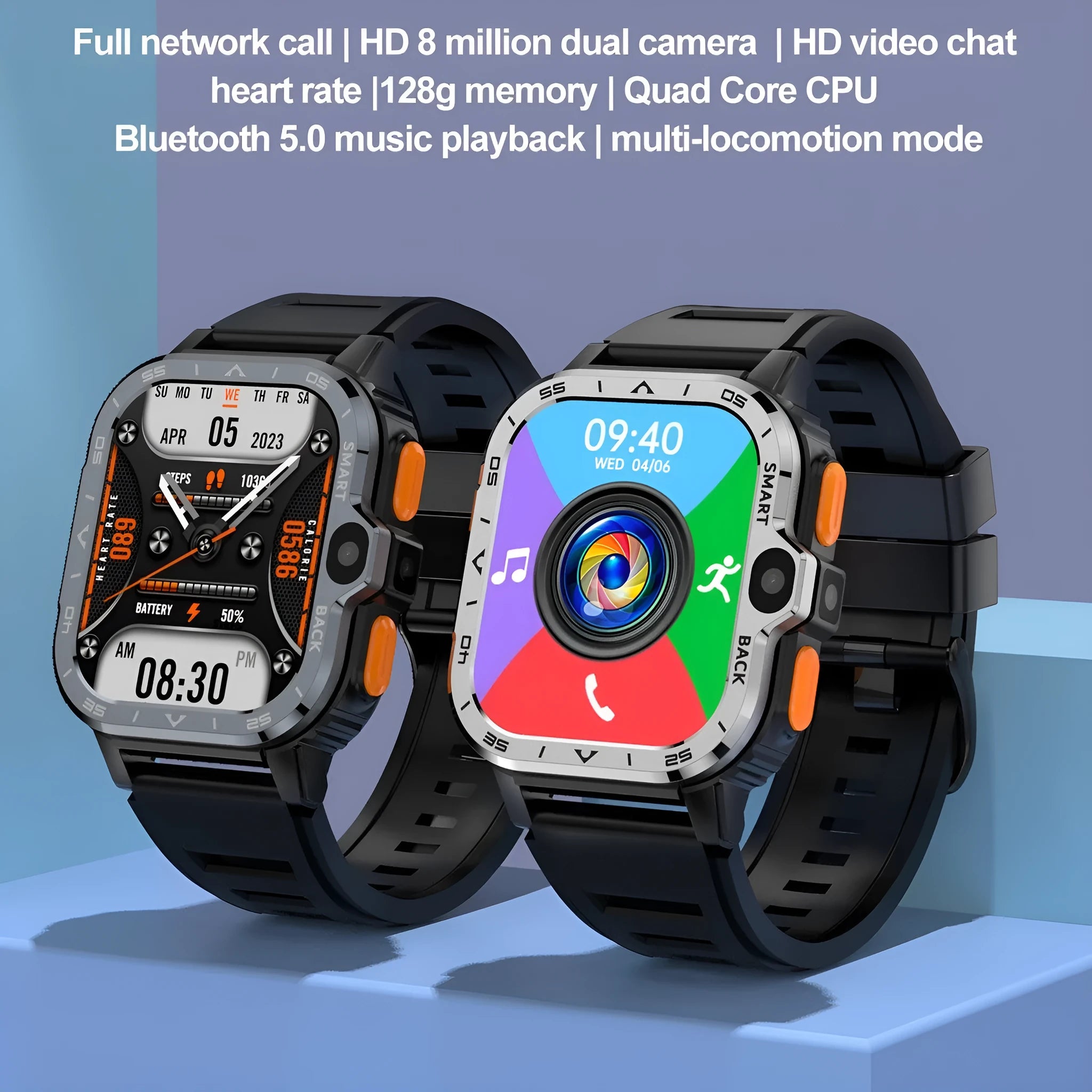 Black and silver student smart watch with touch screen for Android, showing heart rate and calling functions.