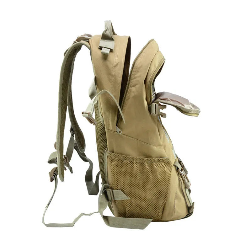 Oxford cloth mountaineering backpack in camouflage colour with air pillow belt, showing 49x31x18cm dimensions.