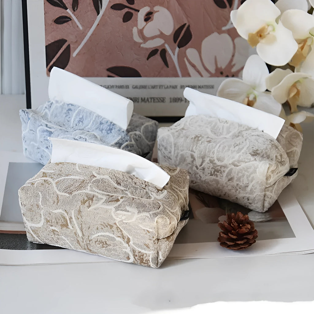 Chinese pastoral style cotton fabric tissue box cover in floral design on a table