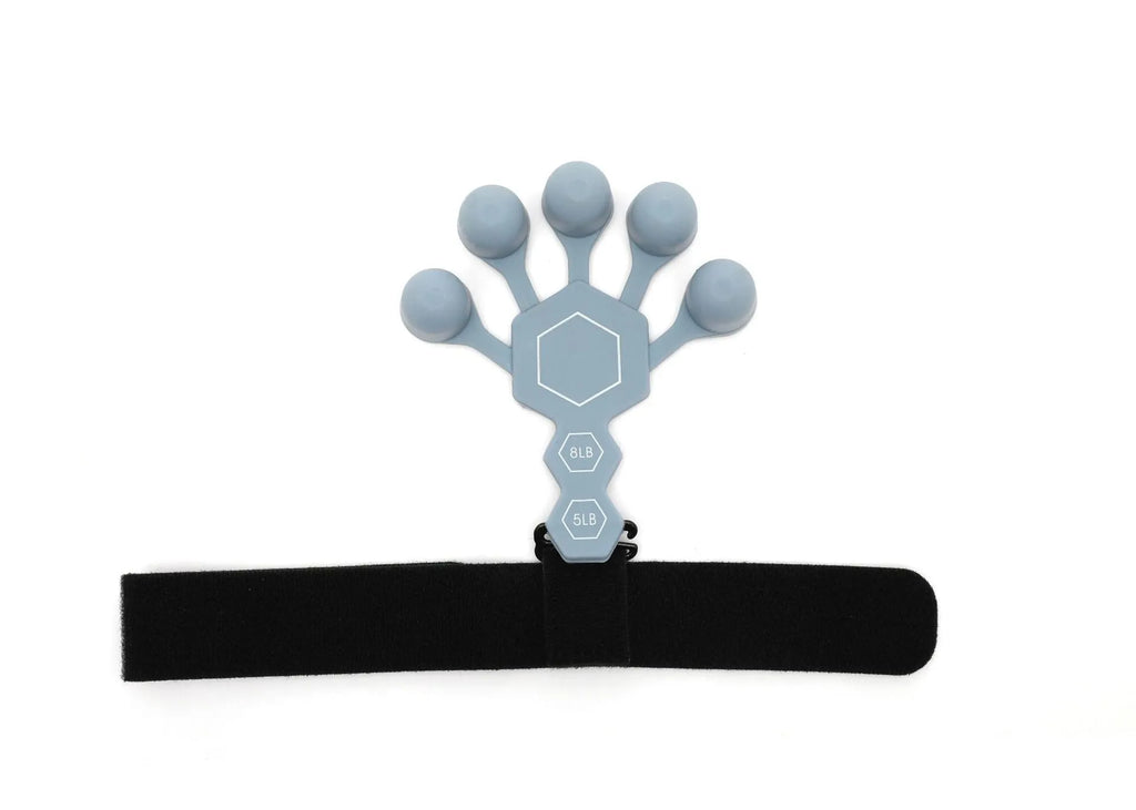 Grey and black silicone hand trainer brace for five-finger rehabilitation and strength training