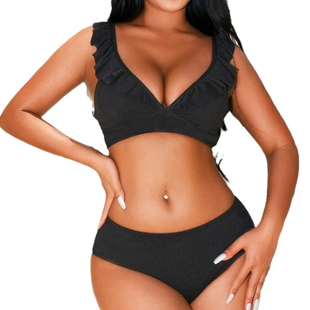 Retro striped split small chest bikini swimsuit in black, white, or coloured stripes