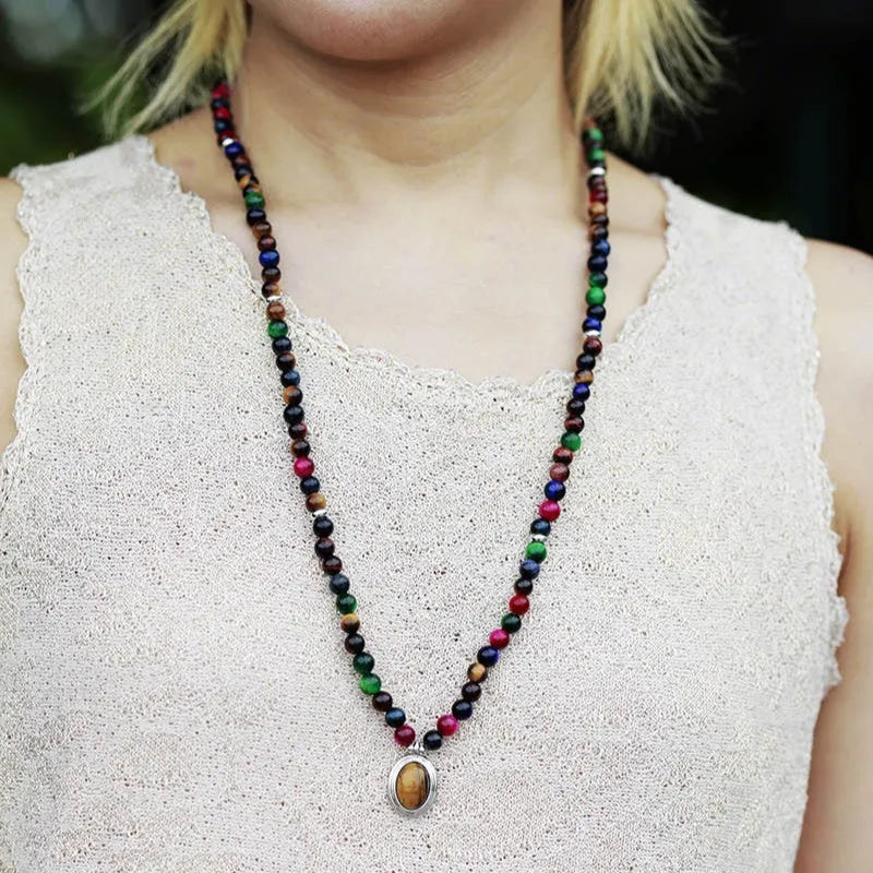 Handmade colour tiger-eye 6mm bead necklace with 108 gemstone-inlaid pendants and matching bracelet.