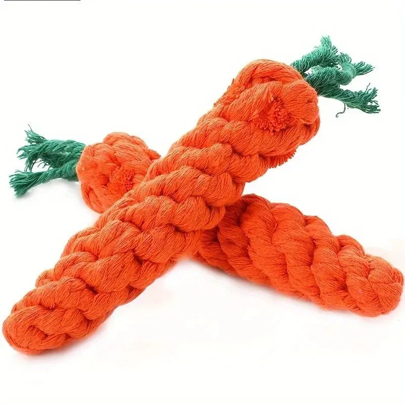 Carrot-shaped cotton rope pet chew toy for small dogs, featuring knot design for interactive play and teeth cleaning
