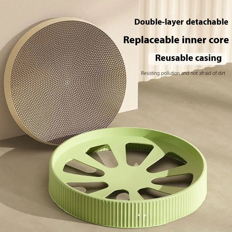 Round green and white cat scratching board bed with corrugated paper surface, 55 cm diameter