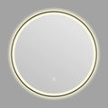 Round black aluminium alloy smart bathroom mirror with integrated LED lighting on a wall.