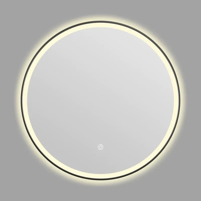Round black aluminium alloy smart bathroom mirror with integrated LED lighting on a wall.