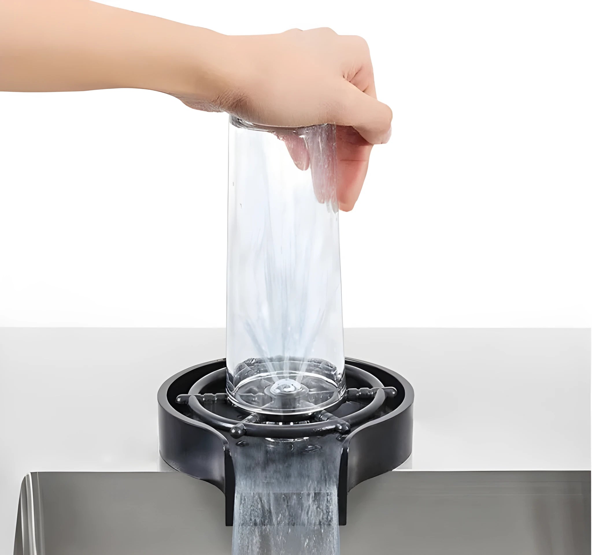 Black high-pressure stainless steel glass washer with ABS base and copper hose.