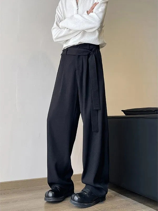 Men's plus size loose fit cotton blend casual trousers with ribbon oblique belt in black
